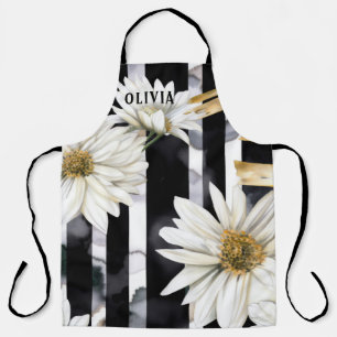 Modern Black and White Daisy Striped Custom Name Apron