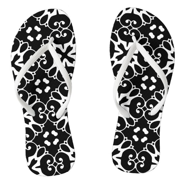Modern Black and White damask Graphic Floral Flip Flip Flops (Footbed)