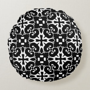 Modern Black and White damask Graphic Floral Round Cushion