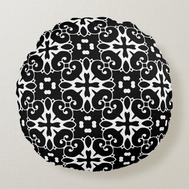 Modern Black and White damask Graphic Floral Round Cushion (Front)