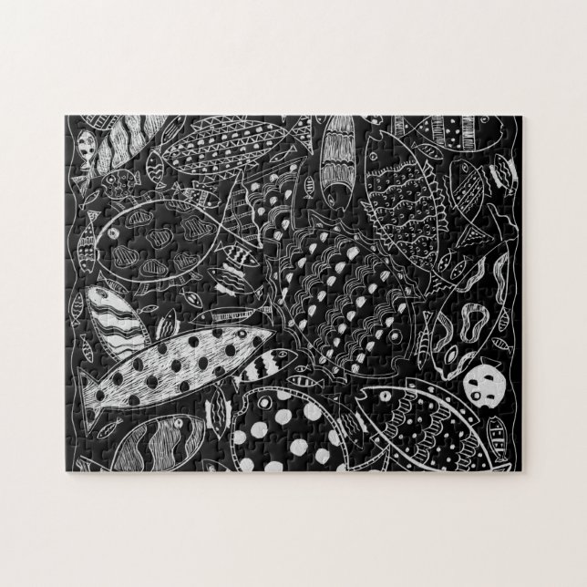 Modern Black And White Decorative Fish Pattern Jigsaw Puzzle (Horizontal)