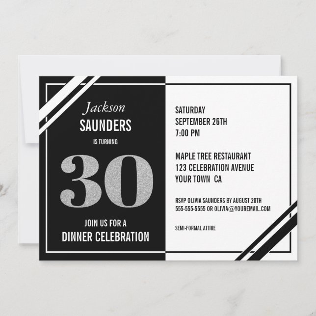 Modern Black and White Dinner 30th Birthday Party Invitation (Front)