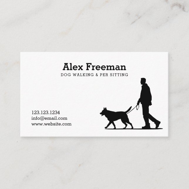 Modern Black and White Dog Walker Silhouette Business Card (Front)