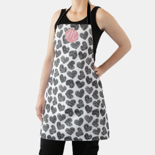 Modern Black and White Doodle Hearts Monogrammed Apron