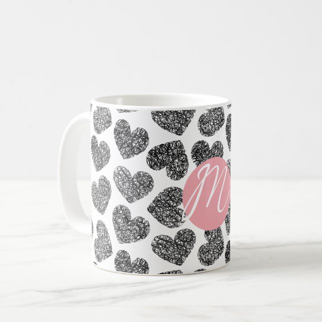 Modern Black and White Doodle Hearts Monogrammed Coffee Mug (Front Left)