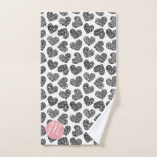 Modern Black and White Doodle Hearts Monogrammed Hand Towel