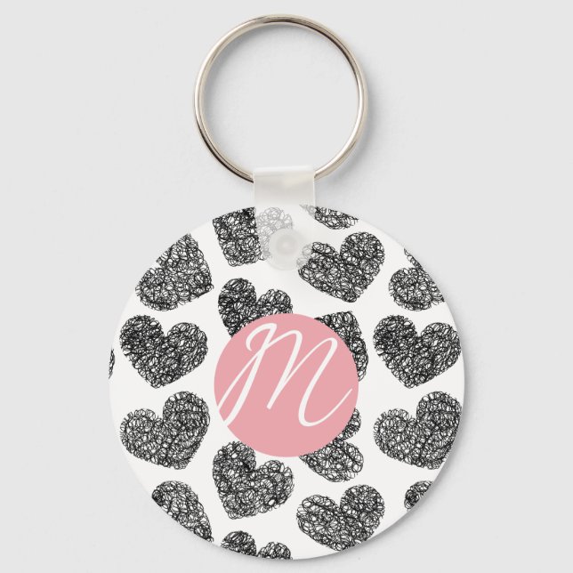 Modern Black and White Doodle Hearts Monogrammed Key Ring (Front)