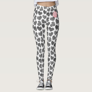 Modern Black and White Doodle Hearts Monogrammed Leggings