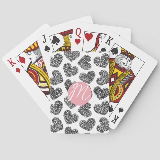 Modern Black and White Doodle Hearts Monogrammed Playing Cards (Back)