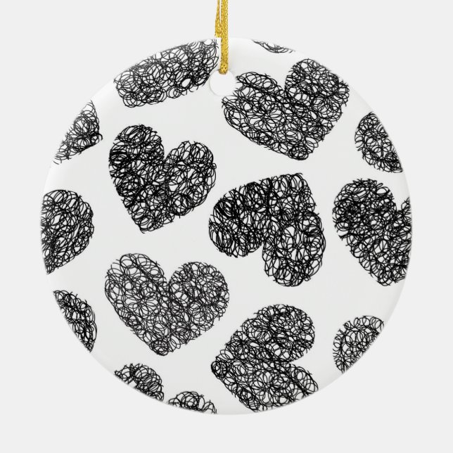 Modern Black and White Doodle Hearts Pattern Ceramic Tree Decoration (Back)