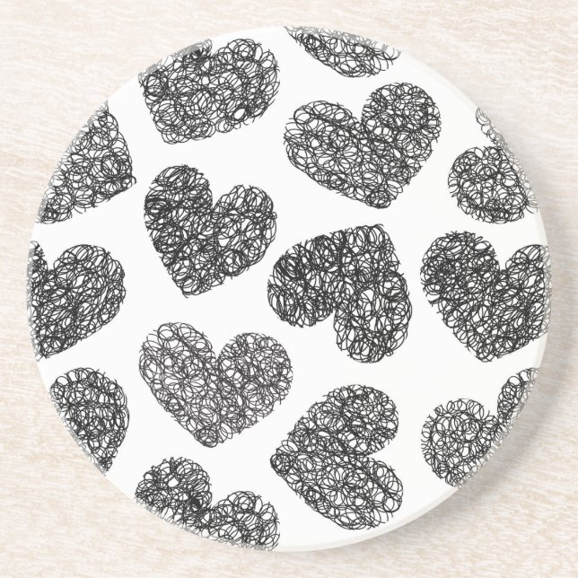 Modern Black and White Doodle Hearts Pattern Coaster (Front)