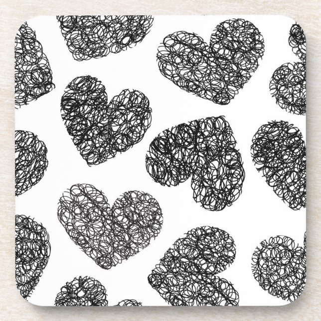 Modern Black and White Doodle Hearts Pattern Coaster (Front)