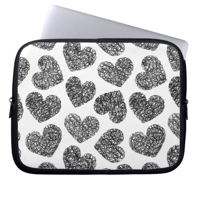 Modern Black and White Doodle Hearts Pattern Laptop Sleeve (Front)
