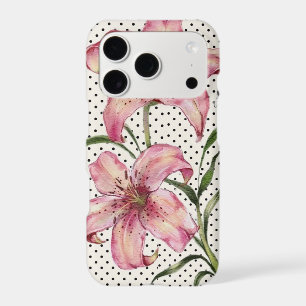 Modern Black and White Dots Pink Lilies Phone Cove