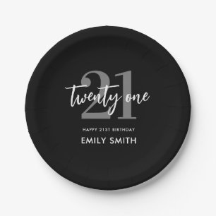Modern Black and White Elegant 21st Birthday Paper Plate