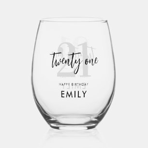Modern Black and White Elegant 21st Birthday Stemless Wine Glass