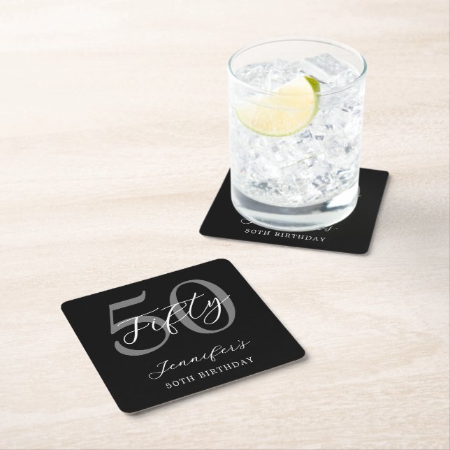 Modern Black and White Elegant 50th Birthday Square Paper Coaster (Insitu)