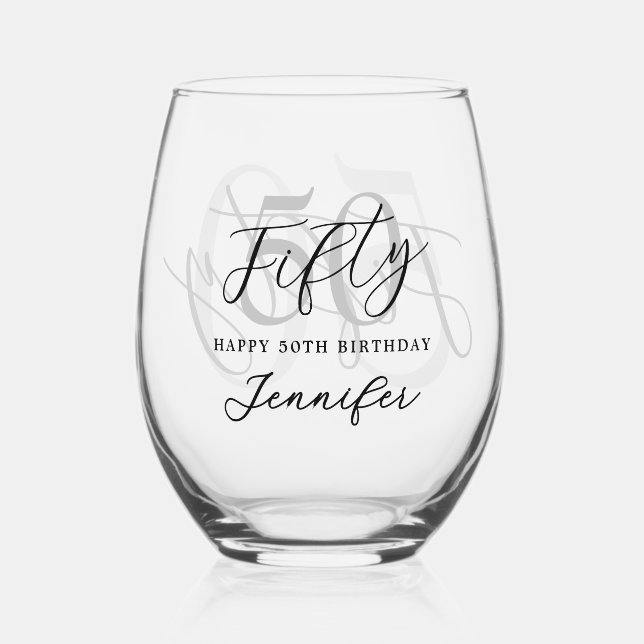 Modern Black and White Elegant 50th Birthday Stemless Wine Glass (Front)