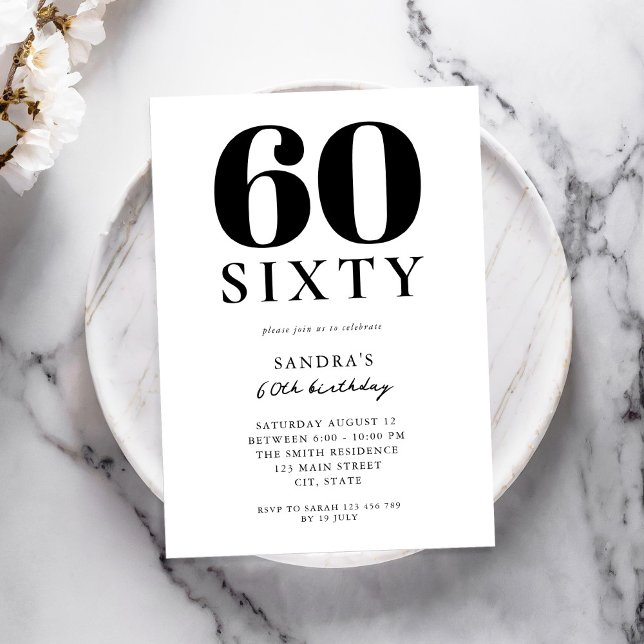 Modern Black and White Elegant 60th Birthday Invitation (Creator Uploaded)