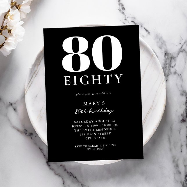 Modern Black and White Elegant 80th Birthday Invitation (Creator Uploaded)