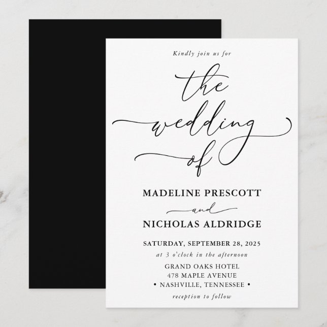 Modern Black and White Elegant Calligraphy Wedding Invitation (Front/Back)