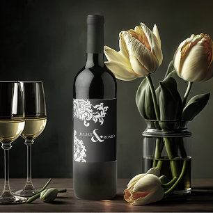 Modern Black and White Elegant Damask Wedding Wine Label