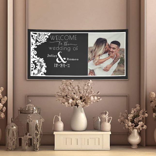 Modern Black and White Elegant Damask Welcome Banner (elegant black and white wedding welcome sign banner with couple's photo)