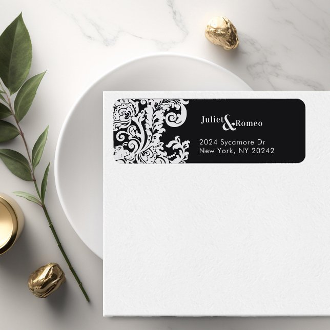 Modern Black and White Elegant Floral Damask  (modern black and white elegant floral damask wedding return address label)