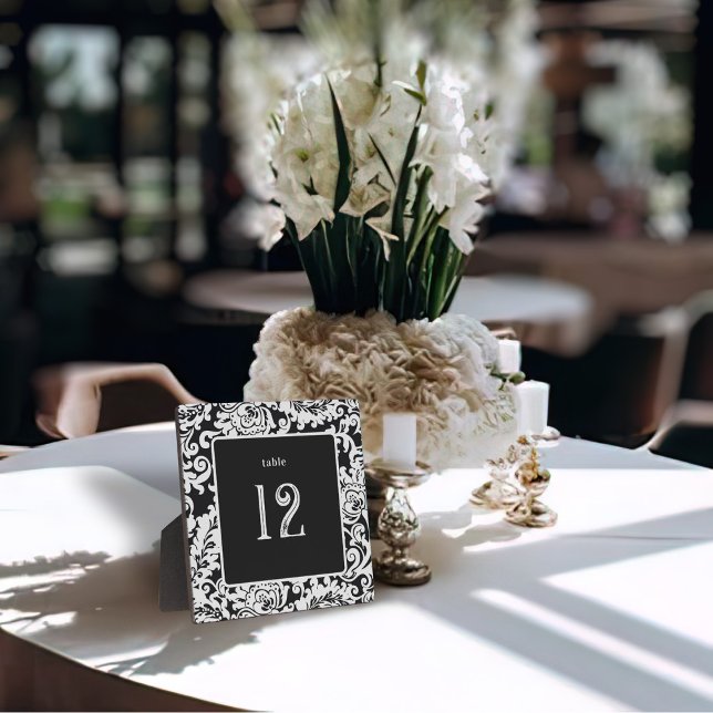 Modern Black and White Elegant Floral Damask Table Plaque (black and white floral damask wedding table plaque)