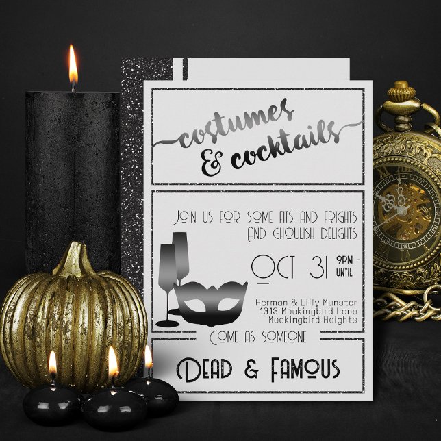Modern Black And White Elegant Halloween Party  Invitation (Elegant Black And White costumes and cocktails halloween invitations)