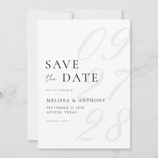 Modern Black and White Elegant Minimalist Wedding Save The Date (Front)