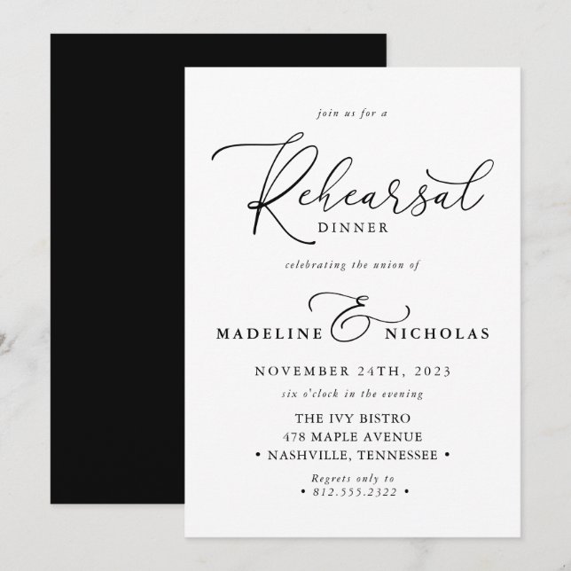 Modern Black And White Elegant Rehearsal Dinner Invitation (Front/Back)