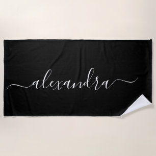 Modern black and white elegant script name beach towel