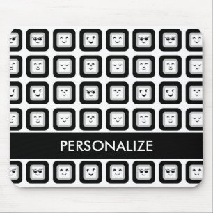 Modern Black and White Emoticon Tiles With Name Mouse Mat