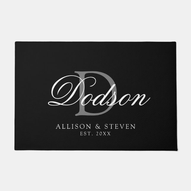 Modern Black And White Established Family Name Doormat (Front)