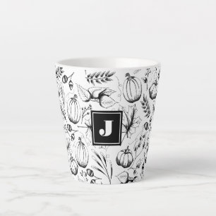 Modern Black and White Fall Illustration Monogram Latte Mug