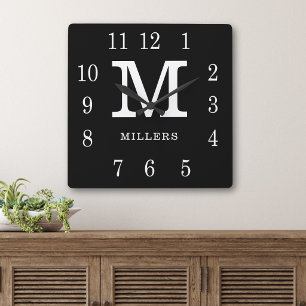 Modern Black And White Family Name Monogram Square Wall Clock