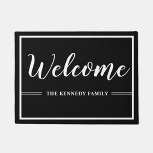 Modern Black And White Family Name Welcome Doormat