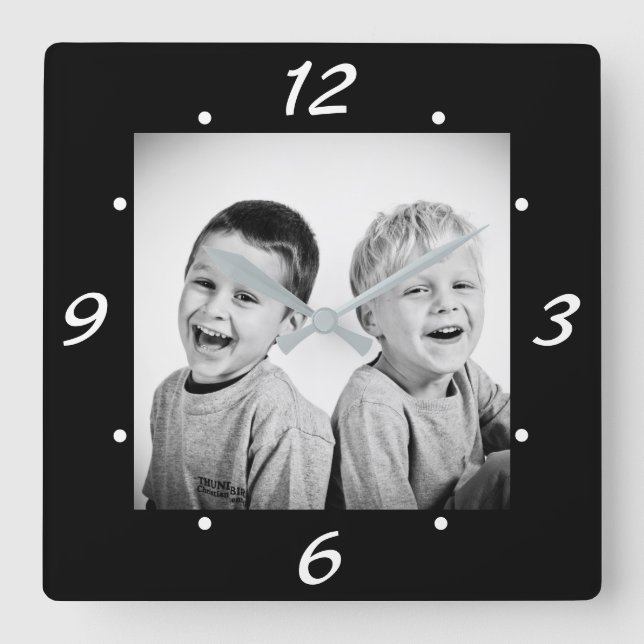 Modern Black and White Family Photo Square Wall Clock (Front)