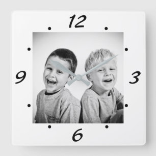 Modern Black and White Family Photo Square Wall Clock