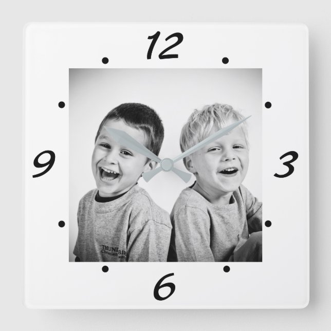 Modern Black and White Family Photo Square Wall Clock (Front)