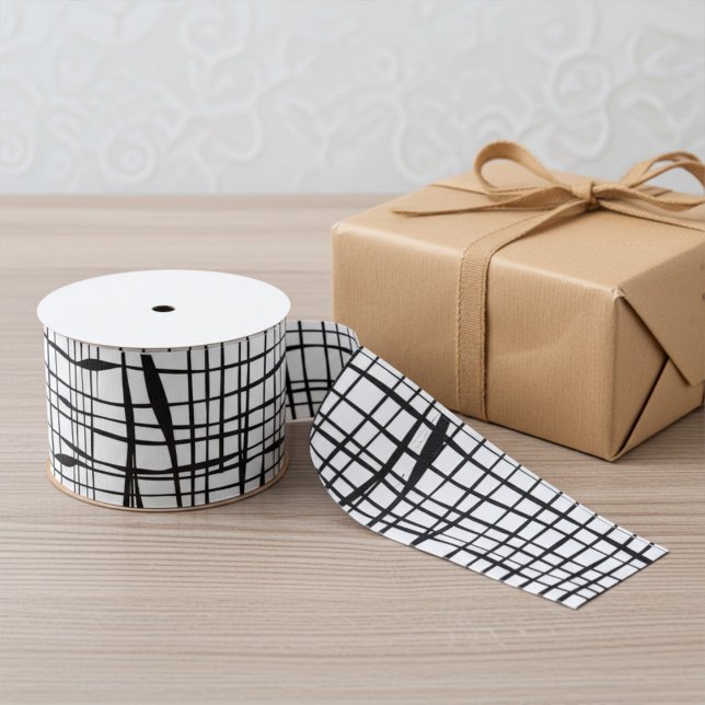 Modern Black and White Fenced Mesh Pattern Grosgrain Ribbon (Elegant, modern gift wrapping ribbon)