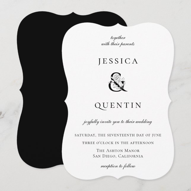 Modern Black and White Floral Ampersand Wedding Invitation (Front/Back)