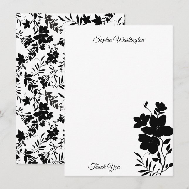 Modern Black and White Floral Blank Thank You Card (Front/Back)