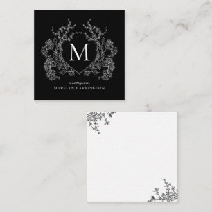 Modern Black and White Floral Crest Monogram Card