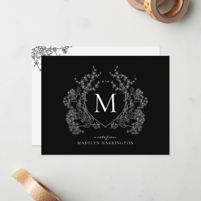 Modern Black and White Floral Crest Monogram Card (Front/Back In Situ)