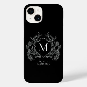 Modern Black and White Floral Crest Monogram Case-Mate iPhone 14 Case
