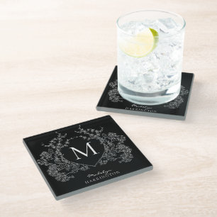 Modern Black and White Floral Crest Monogram Glass Coaster