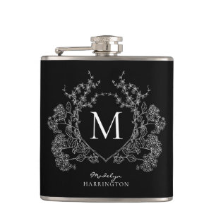 Modern Black and White Floral Crest Monogram Hip Flask