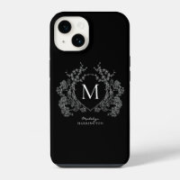 Modern Black and White Floral Crest Monogram